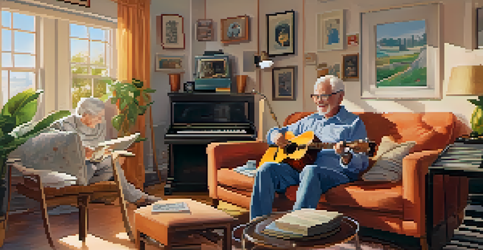 An elderly couple sitting together on a couch in a sunlit living room, surrounded by musical instruments, smiling and enjoying music.