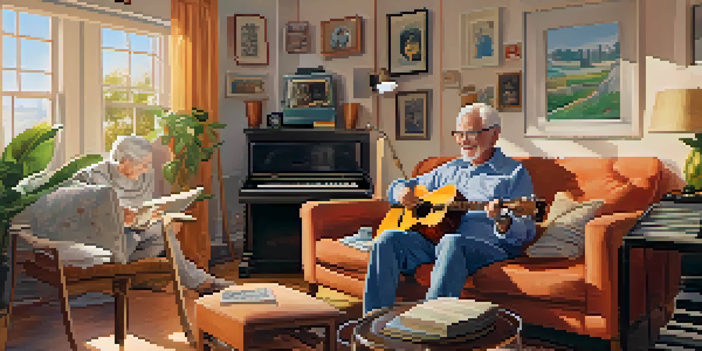 An elderly couple sitting together on a couch in a sunlit living room, surrounded by musical instruments, smiling and enjoying music.