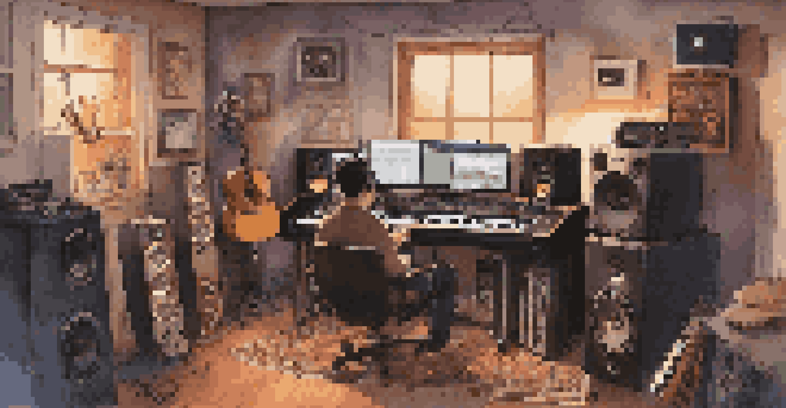 A musician in a recording studio using a digital audio workstation, surrounded by diverse musical instruments and soft lighting.