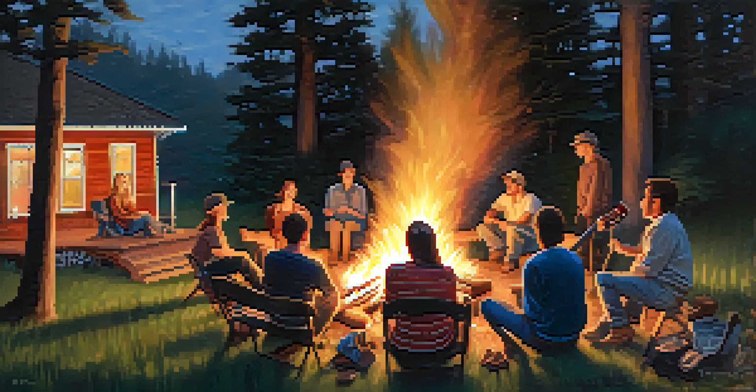 Friends enjoying a bonfire under the stars, playing acoustic music and sharing stories, surrounded by nature and a warm glow from the fire.