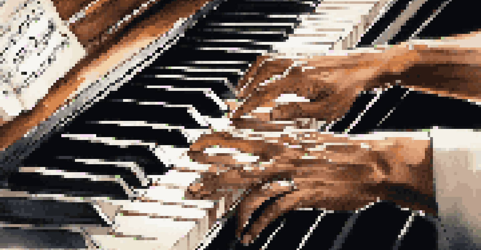 Close-up of hands playing a piano with sheet music in the background, showcasing musical dedication.