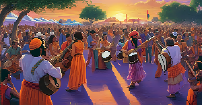 A lively music festival with diverse musicians on stage, colorful instruments, and a sunset sky in the background.
