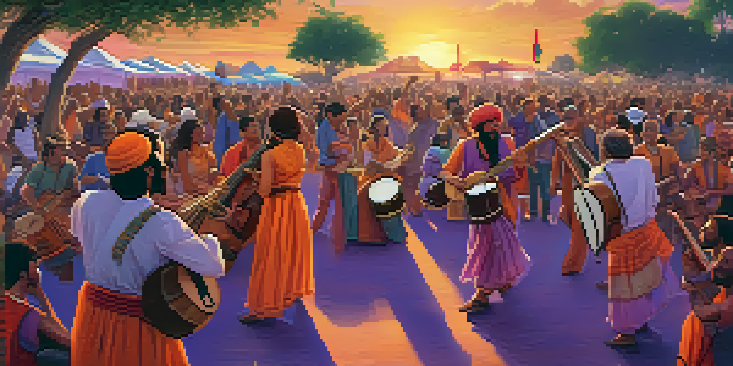 A lively music festival with diverse musicians on stage, colorful instruments, and a sunset sky in the background.