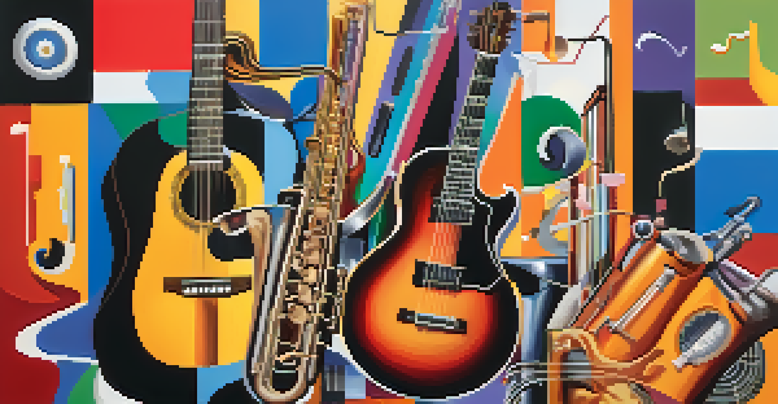 An abstract composition of musical genres with instruments and colorful musical notes.