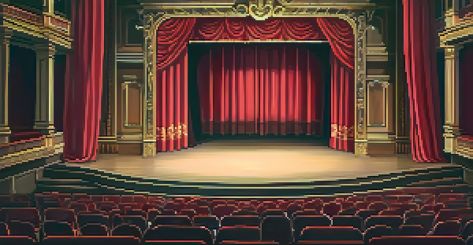 A theater stage with red curtains and dramatic lighting, showcasing an empty stage with intricate set designs and props.