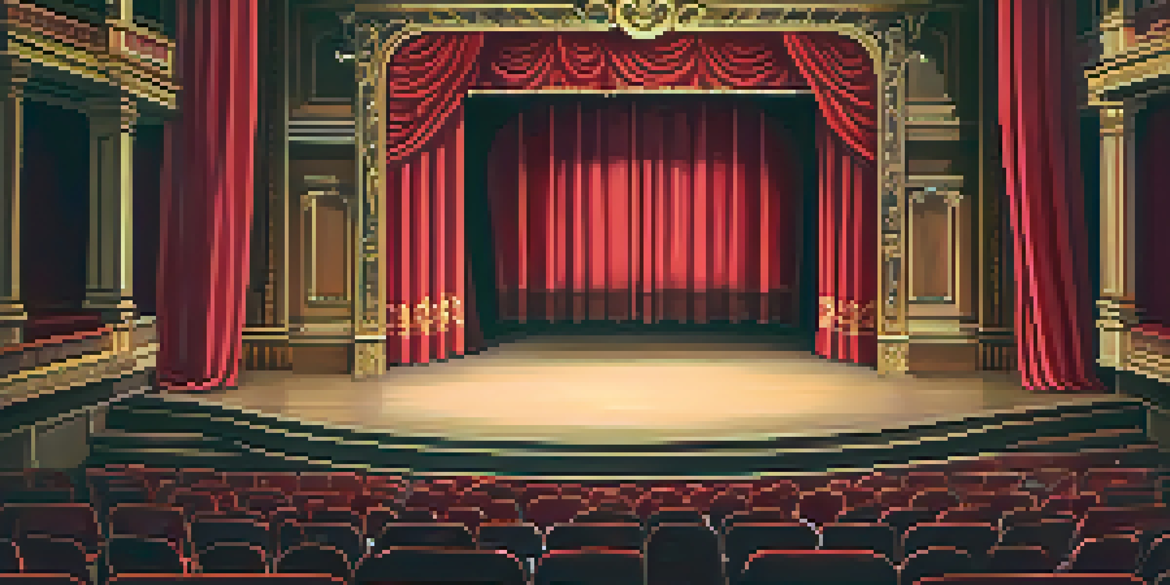 A theater stage with red curtains and dramatic lighting, showcasing an empty stage with intricate set designs and props.