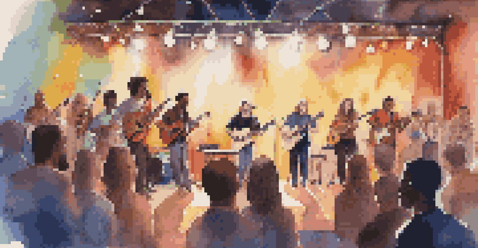 A diverse group of musicians performing on stage at a songwriting competition, with an engaged audience in the foreground.