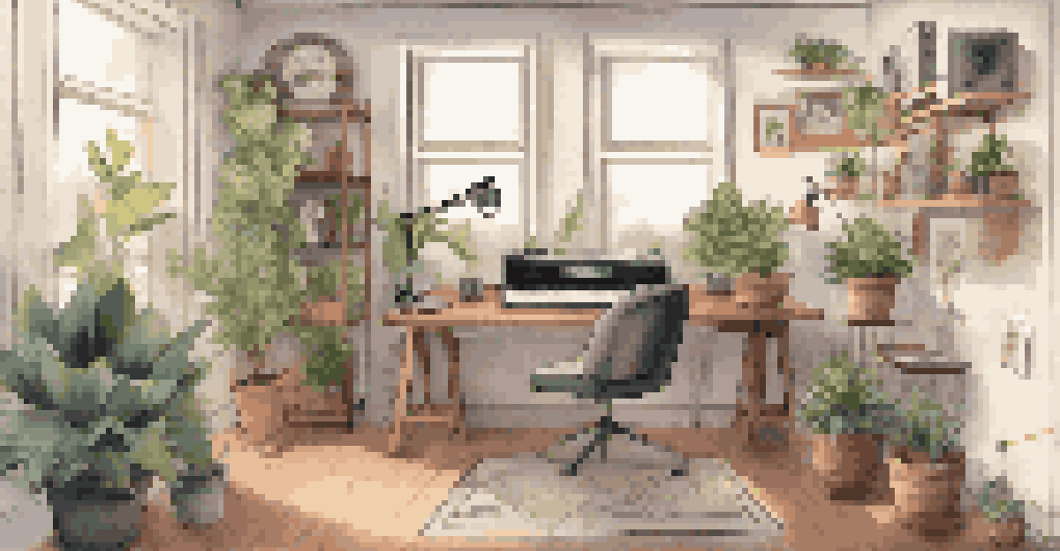 A stylish workspace with a sound system, a laptop, and a notepad, creating a cozy and inspiring environment.