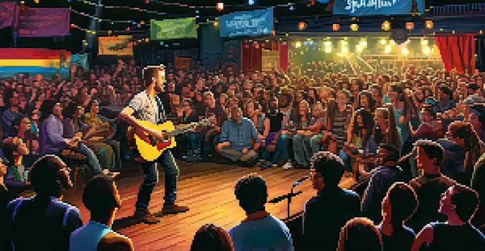 A vibrant folk-punk concert with a diverse crowd enjoying the music, colorful lights, and a passionate performer.