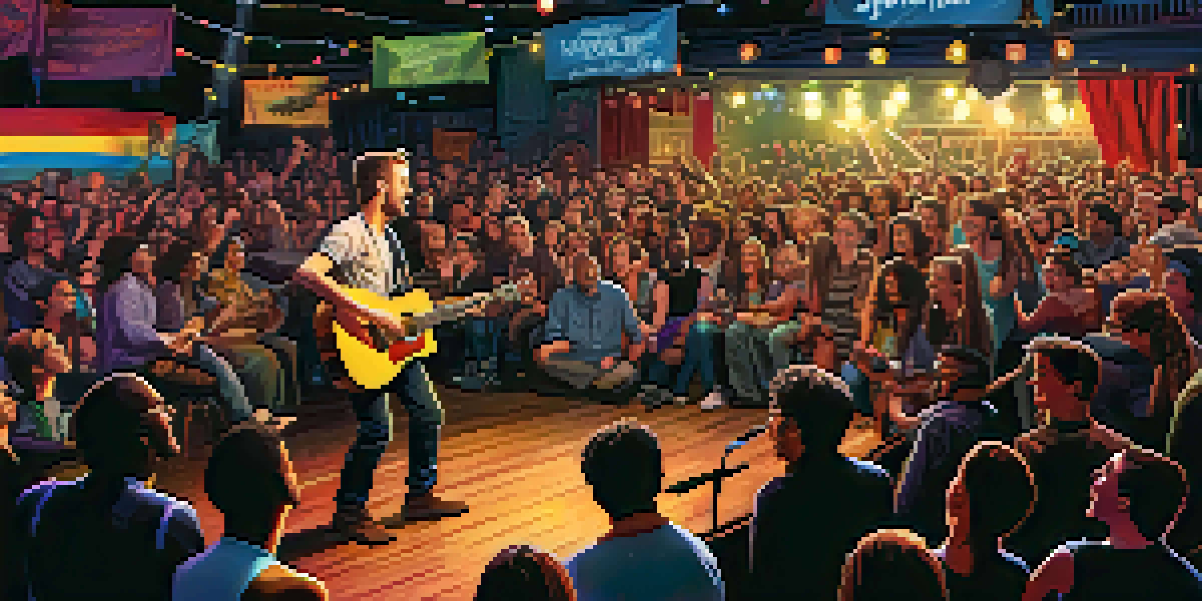 A vibrant folk-punk concert with a diverse crowd enjoying the music, colorful lights, and a passionate performer.