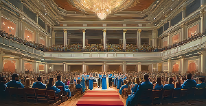 A diverse choir performing in a grand concert hall, surrounded by warm lighting and an engaged audience.