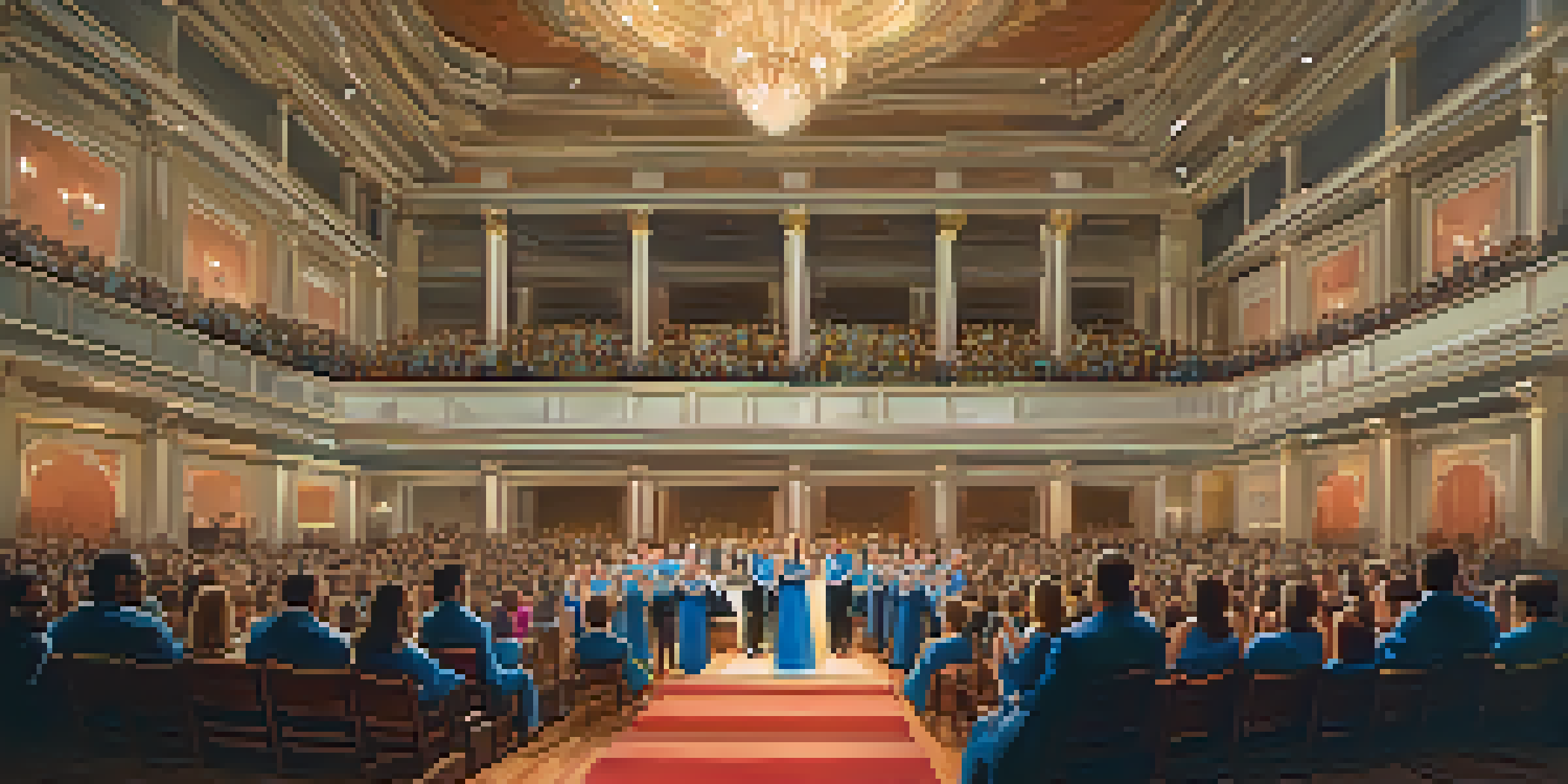A diverse choir performing in a grand concert hall, surrounded by warm lighting and an engaged audience.