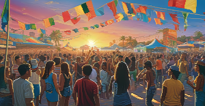 A lively music festival with diverse young people dancing, colorful stage lights, and musicians performing, set against a sunset backdrop.