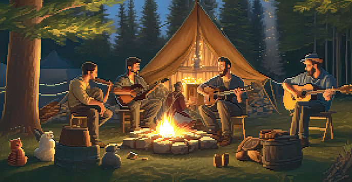 A group of musicians playing acoustic instruments around a campfire in a forested area, with warm light and a sense of community.