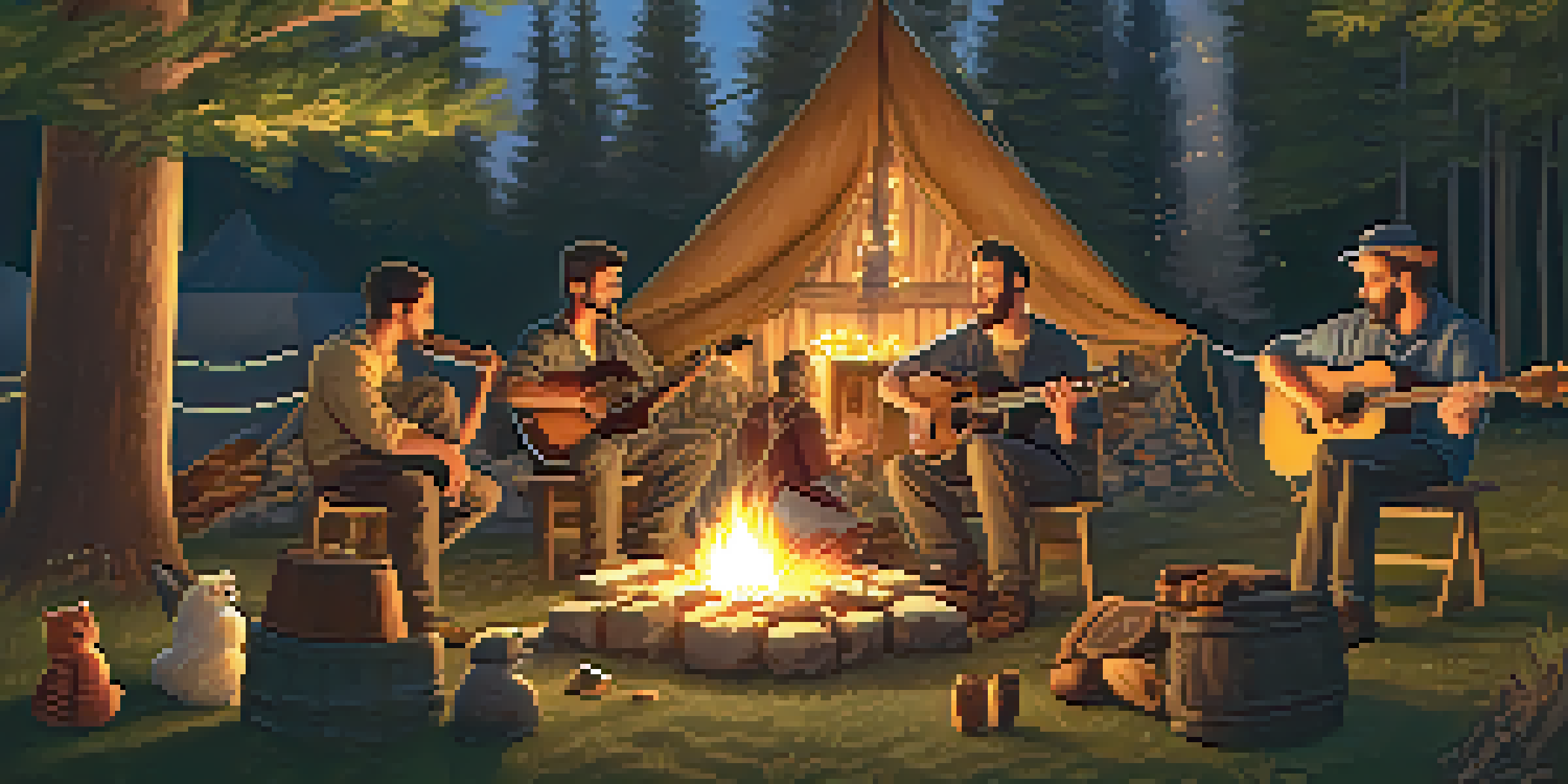 A group of musicians playing acoustic instruments around a campfire in a forested area, with warm light and a sense of community.