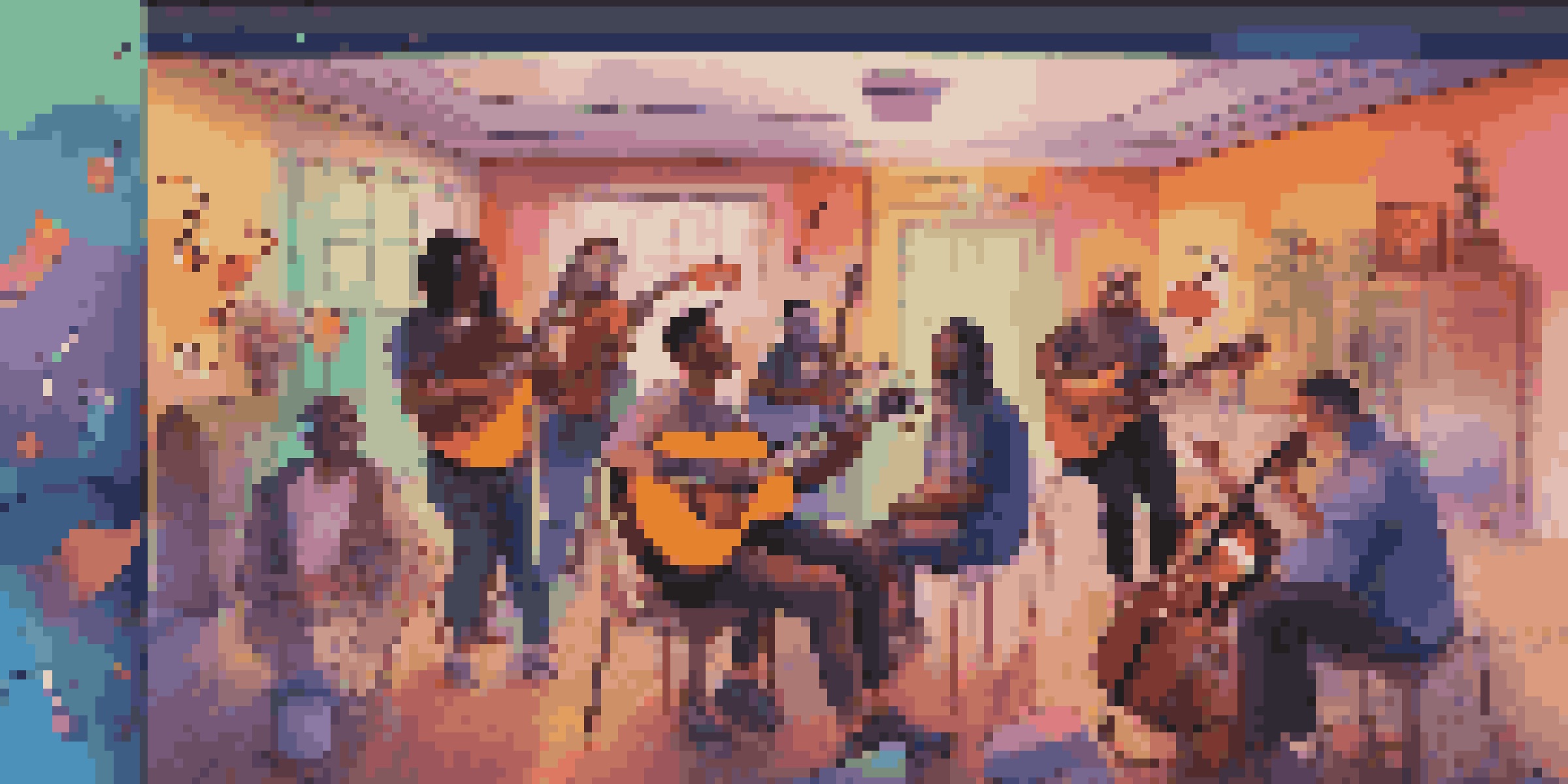 A diverse group of musicians participating in an online jam session, with a computer screen displaying video calls and colorful musical notes.