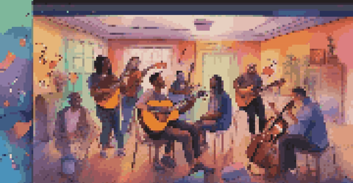 A diverse group of musicians participating in an online jam session, with a computer screen displaying video calls and colorful musical notes.