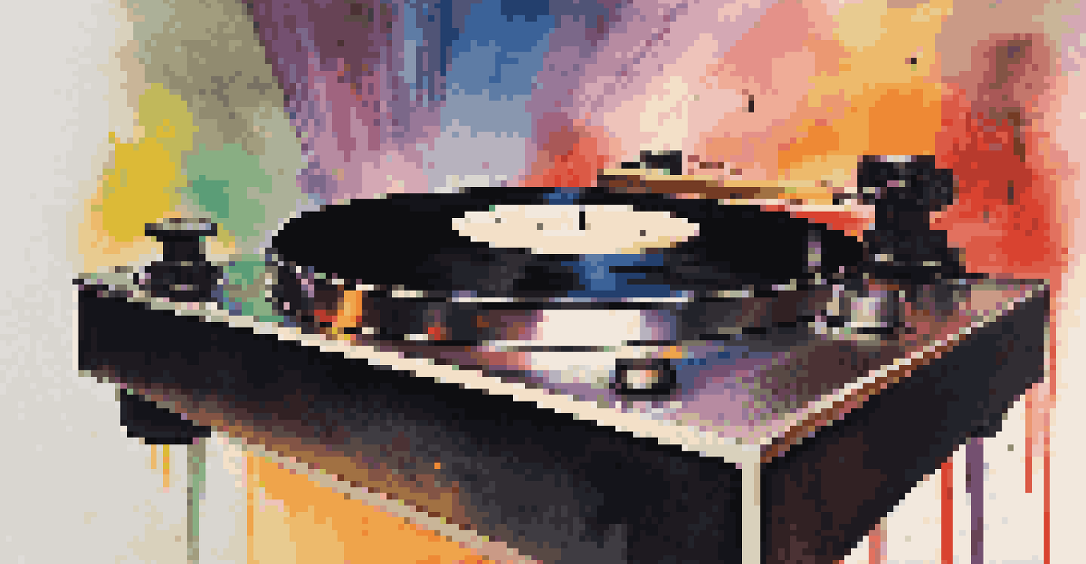 A vinyl record on a turntable with colorful musical notes and blurred images of classic film scenes in the background.