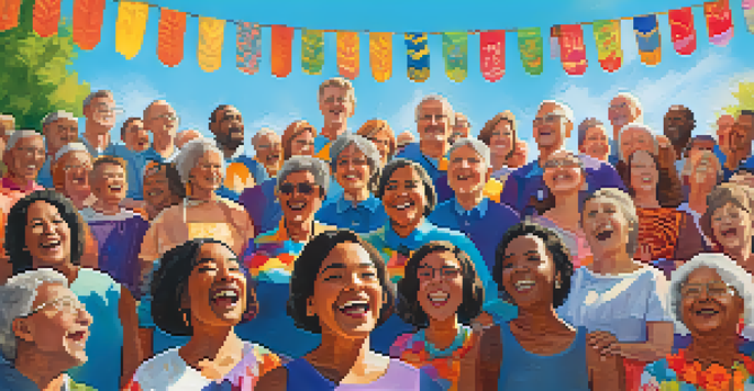 A diverse group of people singing together in a community choir outdoors, surrounded by colorful flowers and banners under a sunny sky.