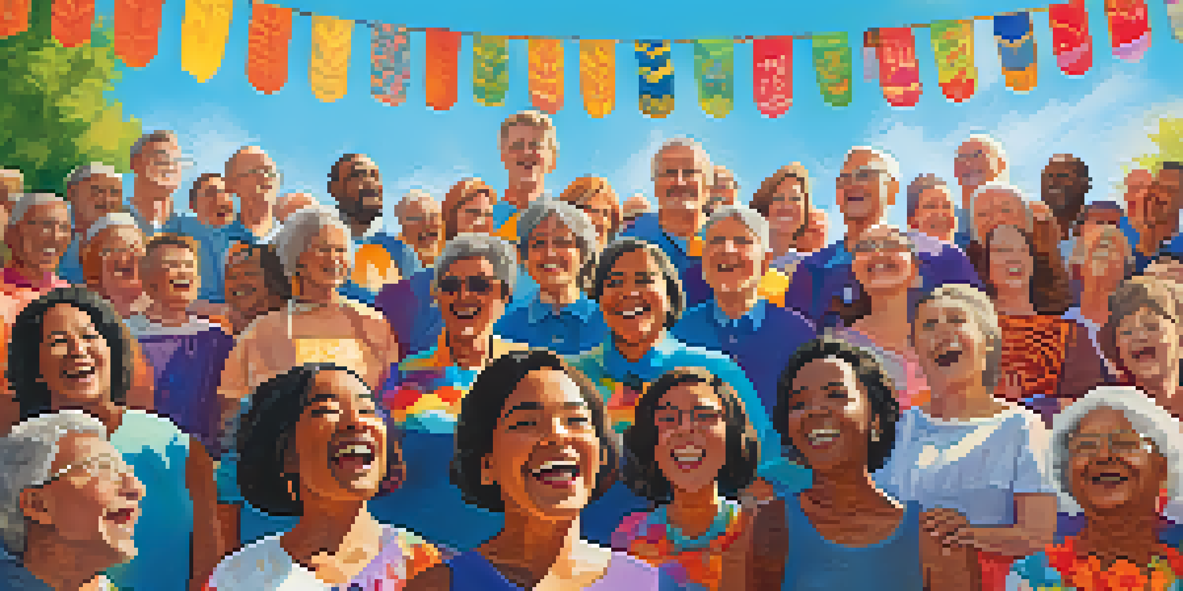 A diverse group of people singing together in a community choir outdoors, surrounded by colorful flowers and banners under a sunny sky.