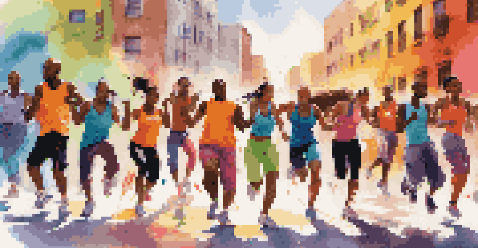 A group of athletes in colorful workout gear dancing in an urban environment, motivated by upbeat hip-hop music.