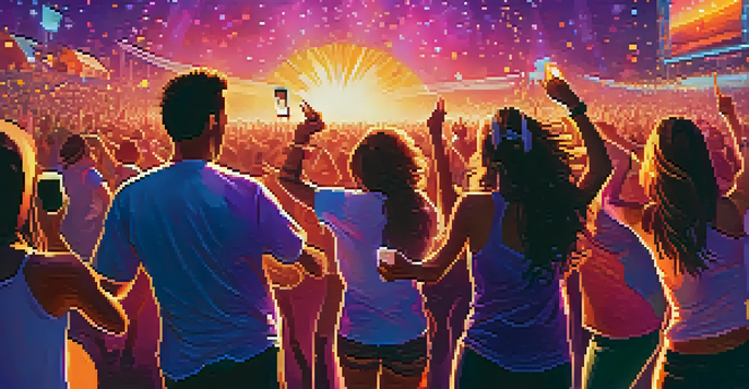 A lively music festival scene with diverse fans dancing and taking photos, colorful stage lights, and a band performing.