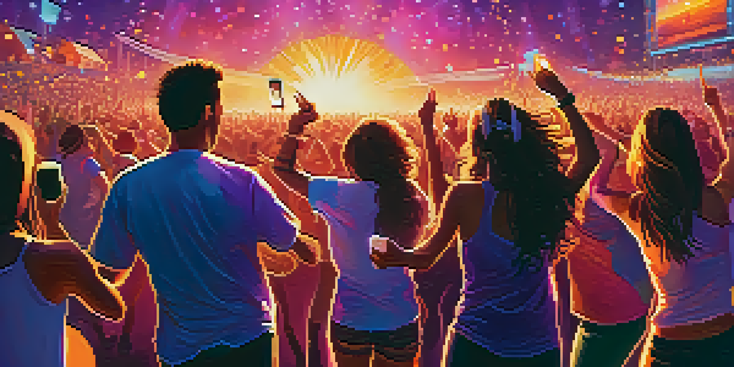 A lively music festival scene with diverse fans dancing and taking photos, colorful stage lights, and a band performing.