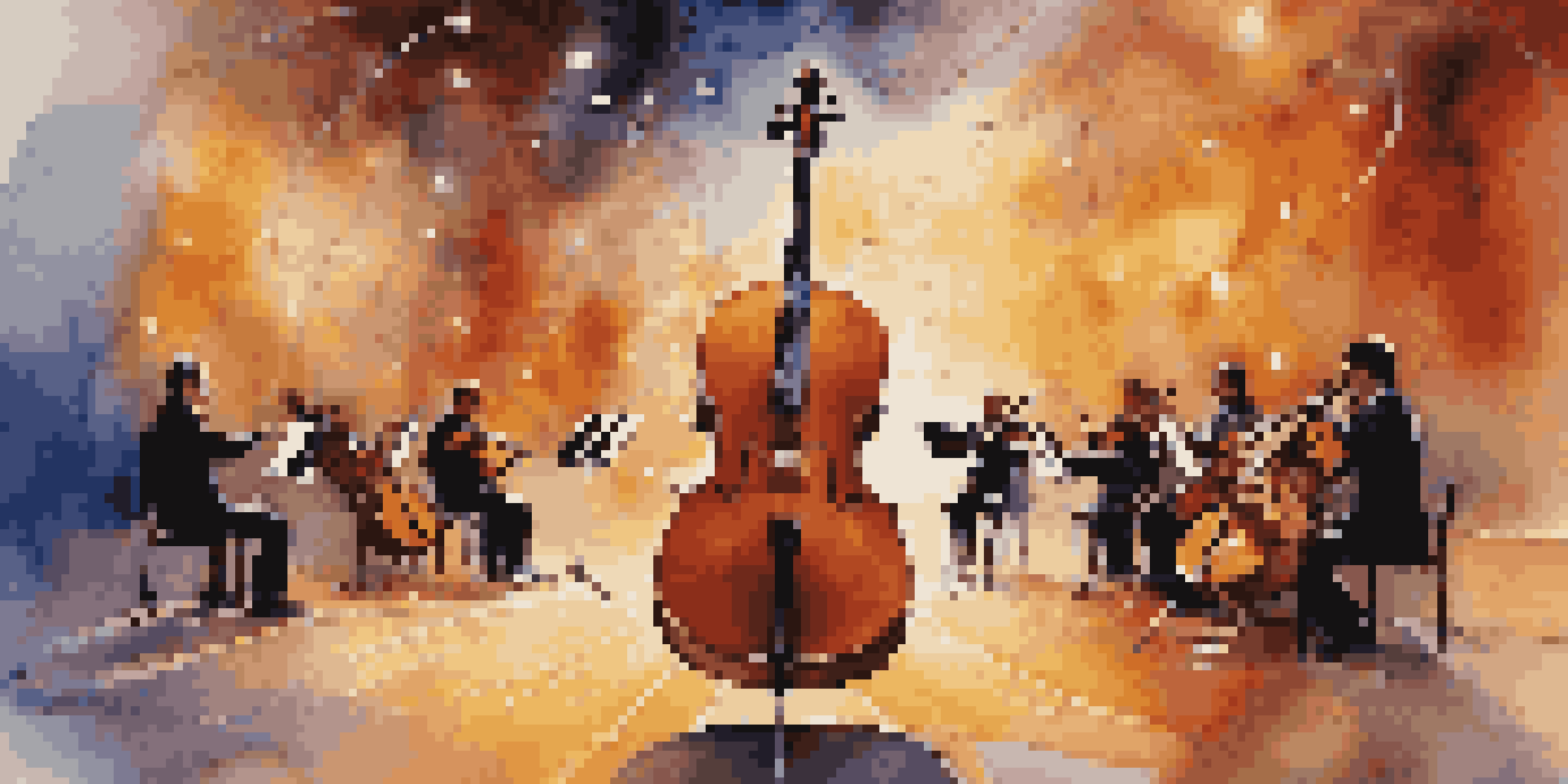 A cello on stage with colorful sound waves illustrated around it, representing harmonics in a concert hall.