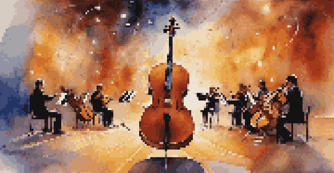 A cello on stage with colorful sound waves illustrated around it, representing harmonics in a concert hall.