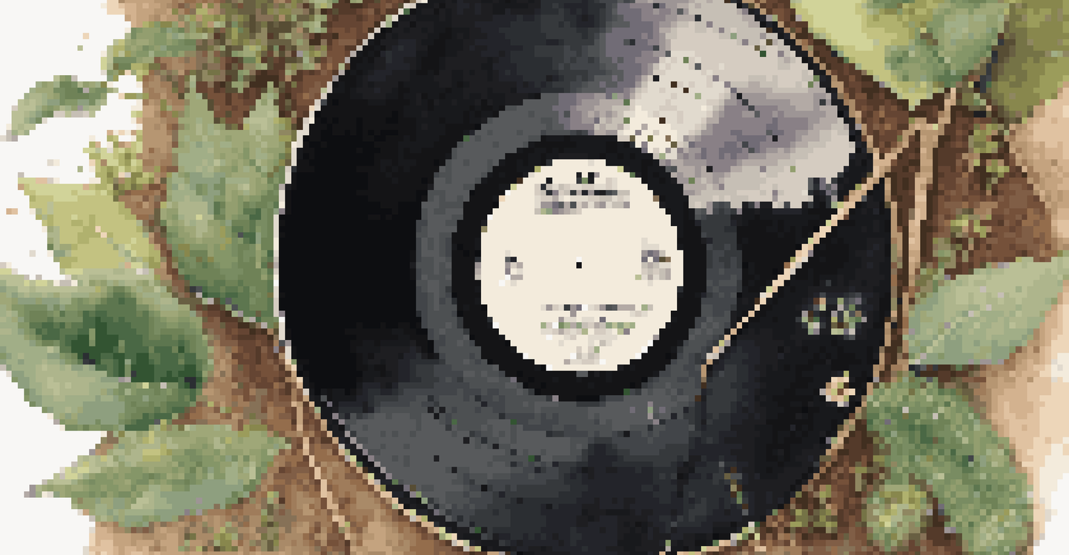 A vinyl record with a plant growing through it, representing music and sustainability.