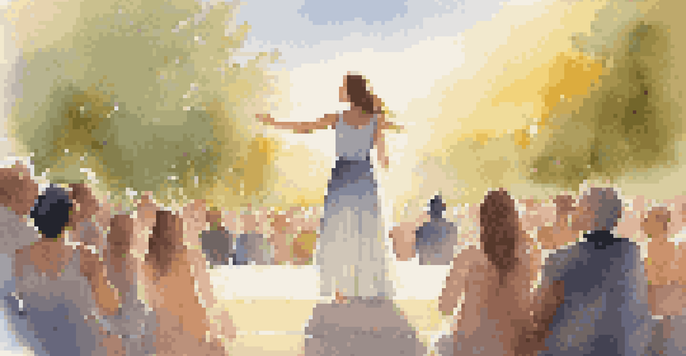 A young woman confidently standing on stage in sunlight, with an audience in the background showing support.