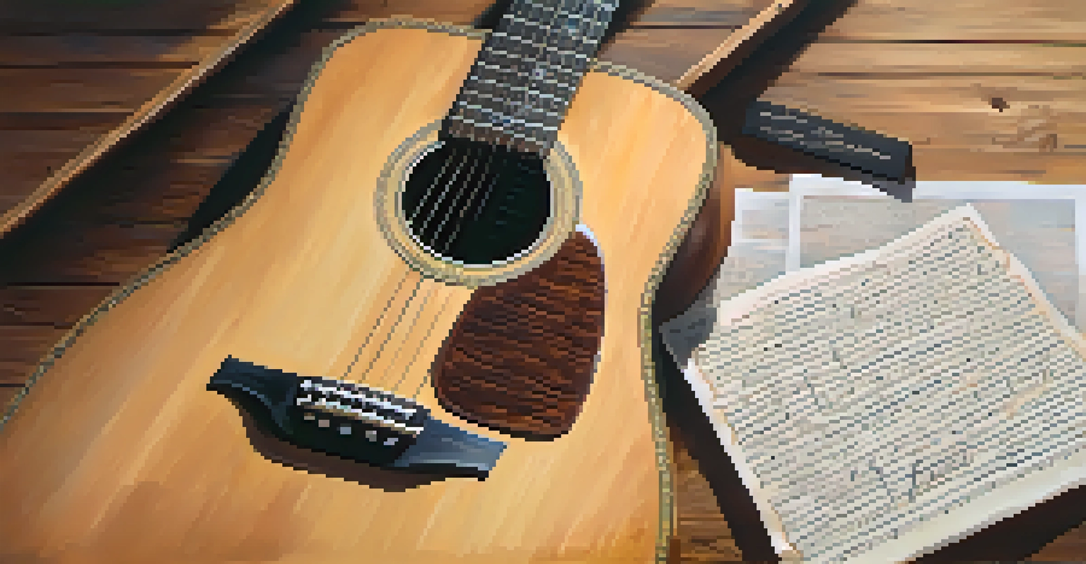 Close-up of an acoustic guitar on a wooden stage with handwritten lyrics about social justice beside it, illuminated by soft natural light.