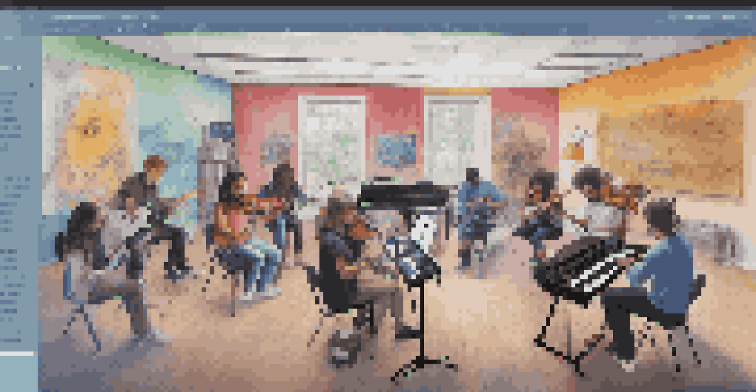 A split-screen view of students collaborating on music projects using AI tools, with vibrant music notes connecting them.