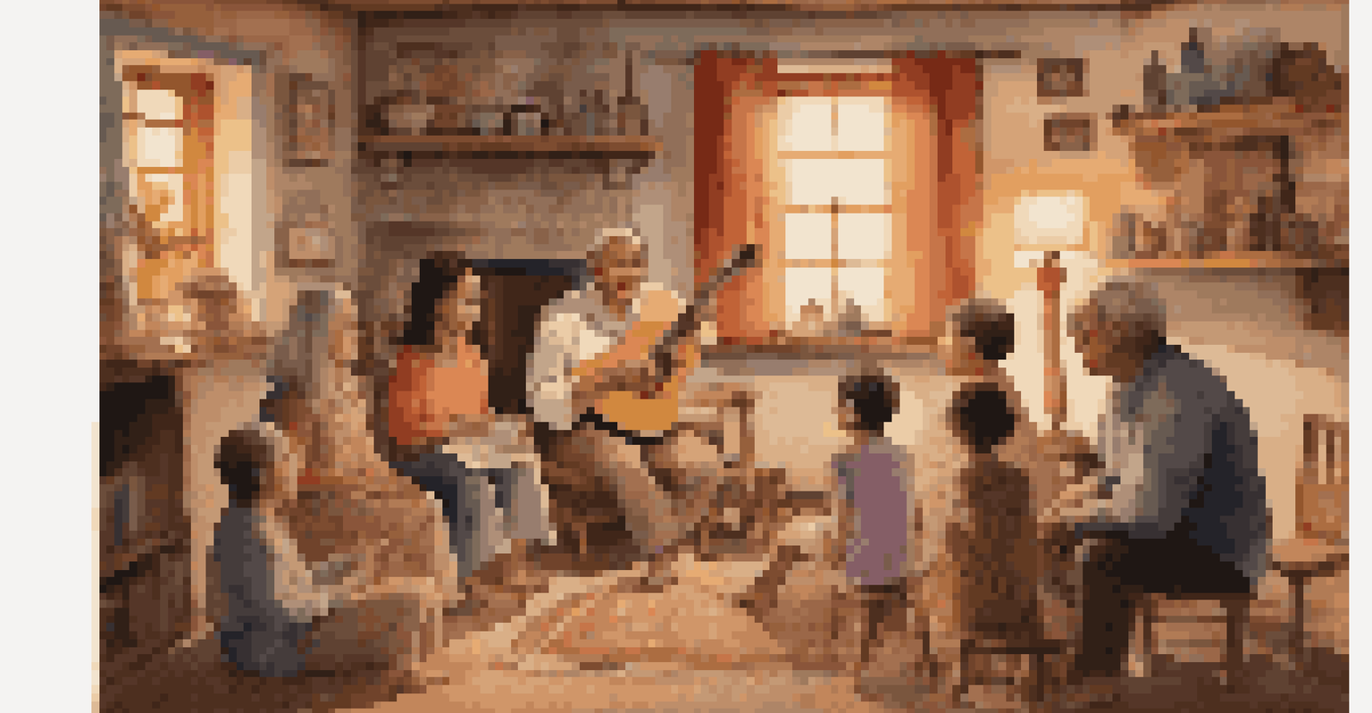 An elder teaching children traditional folk songs in a warmly lit room filled with cultural artifacts, creating a sense of nostalgia and connection.