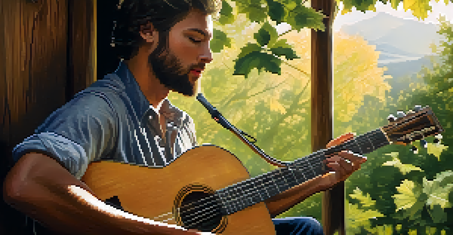 Close-up of a musician playing guitar in a rustic outdoor setting, with sunlight filtering through the leaves.