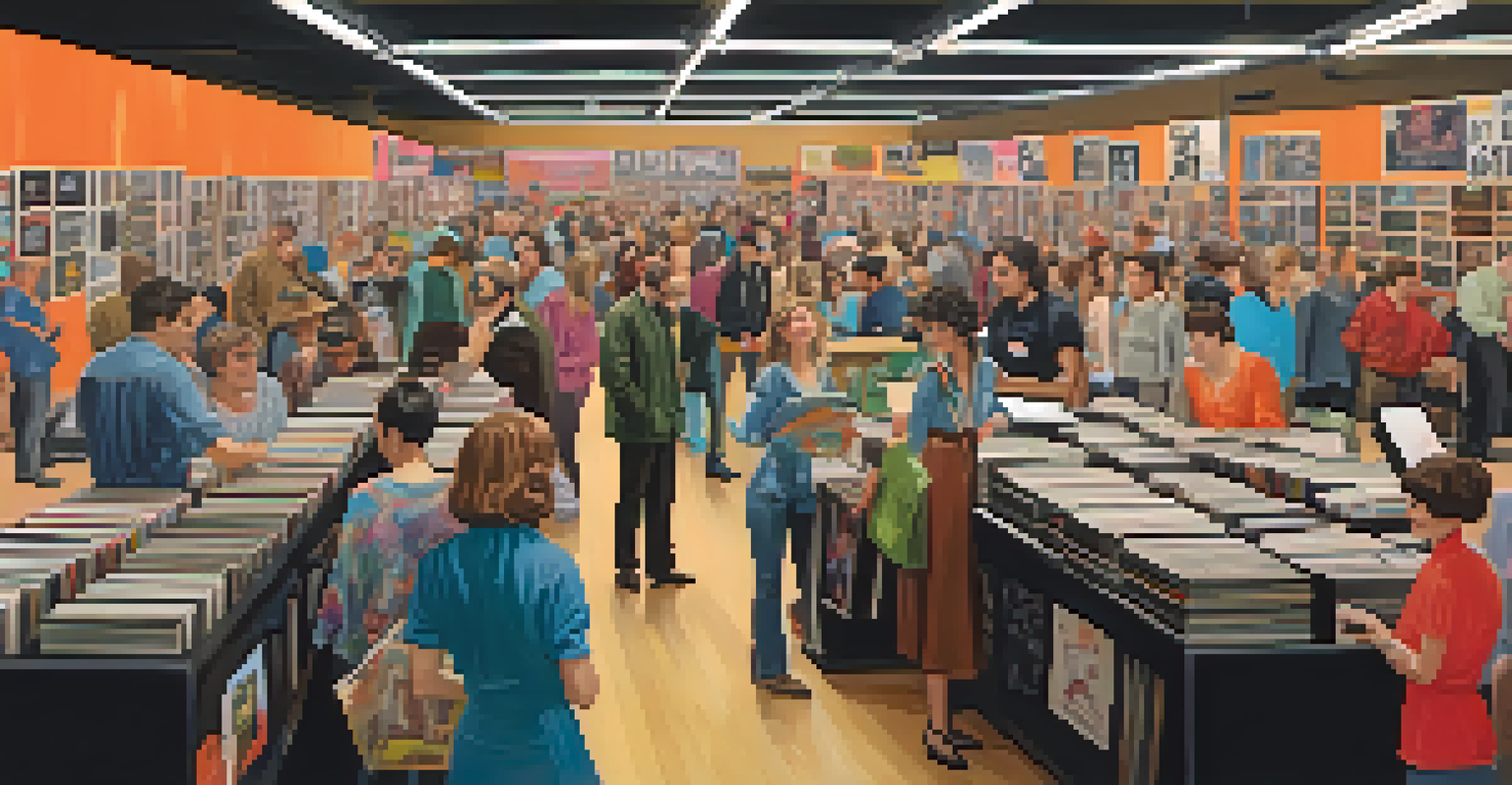A lively record fair with collectors browsing through tables of vinyl records, surrounded by colorful posters and banners.