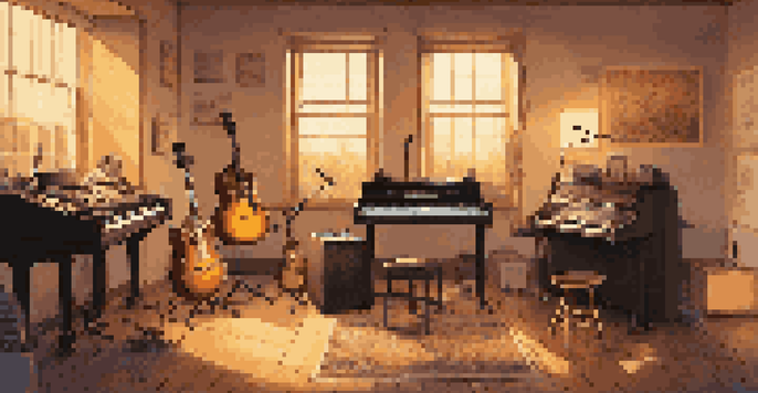 A colorful music studio with instruments, warm lighting, and a laptop displaying a crowdfunding campaign.