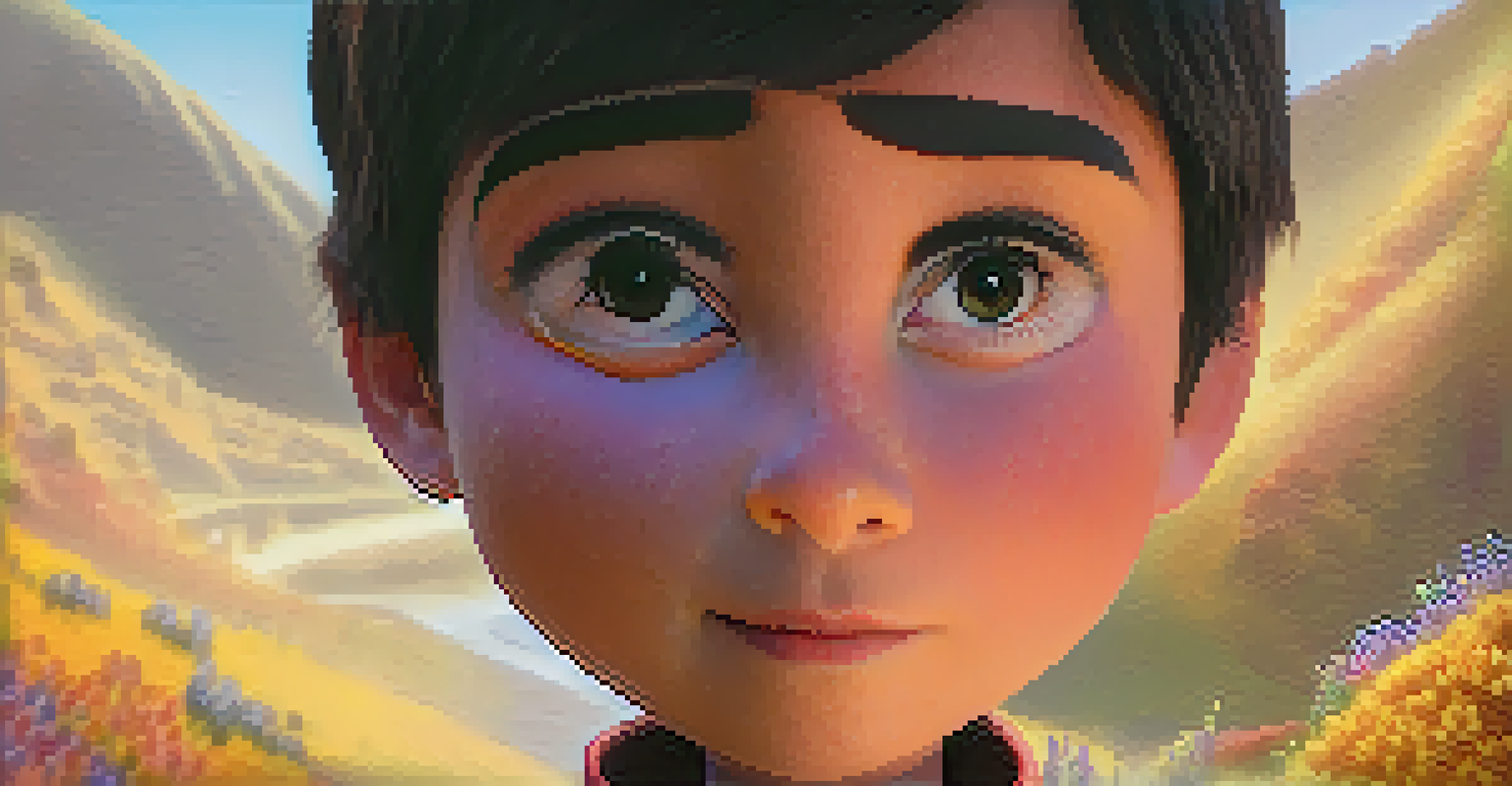 A detailed close-up of an animated character with expressive eyes and vibrant colors against a fantastical landscape.