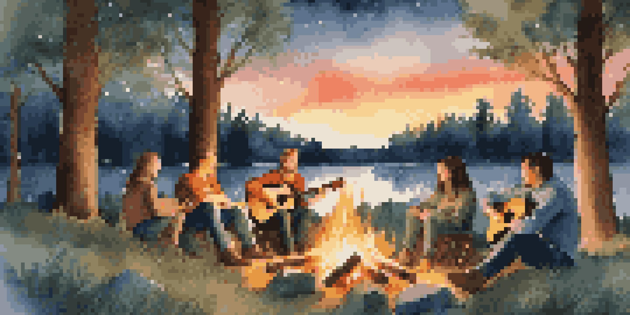 A group of friends sitting around a campfire, playing acoustic guitars and singing under a starry sky.