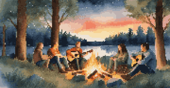 A group of friends sitting around a campfire, playing acoustic guitars and singing under a starry sky.