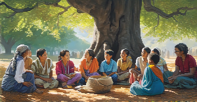 A group of diverse individuals gathered around a storyteller under a large tree, listening attentively.