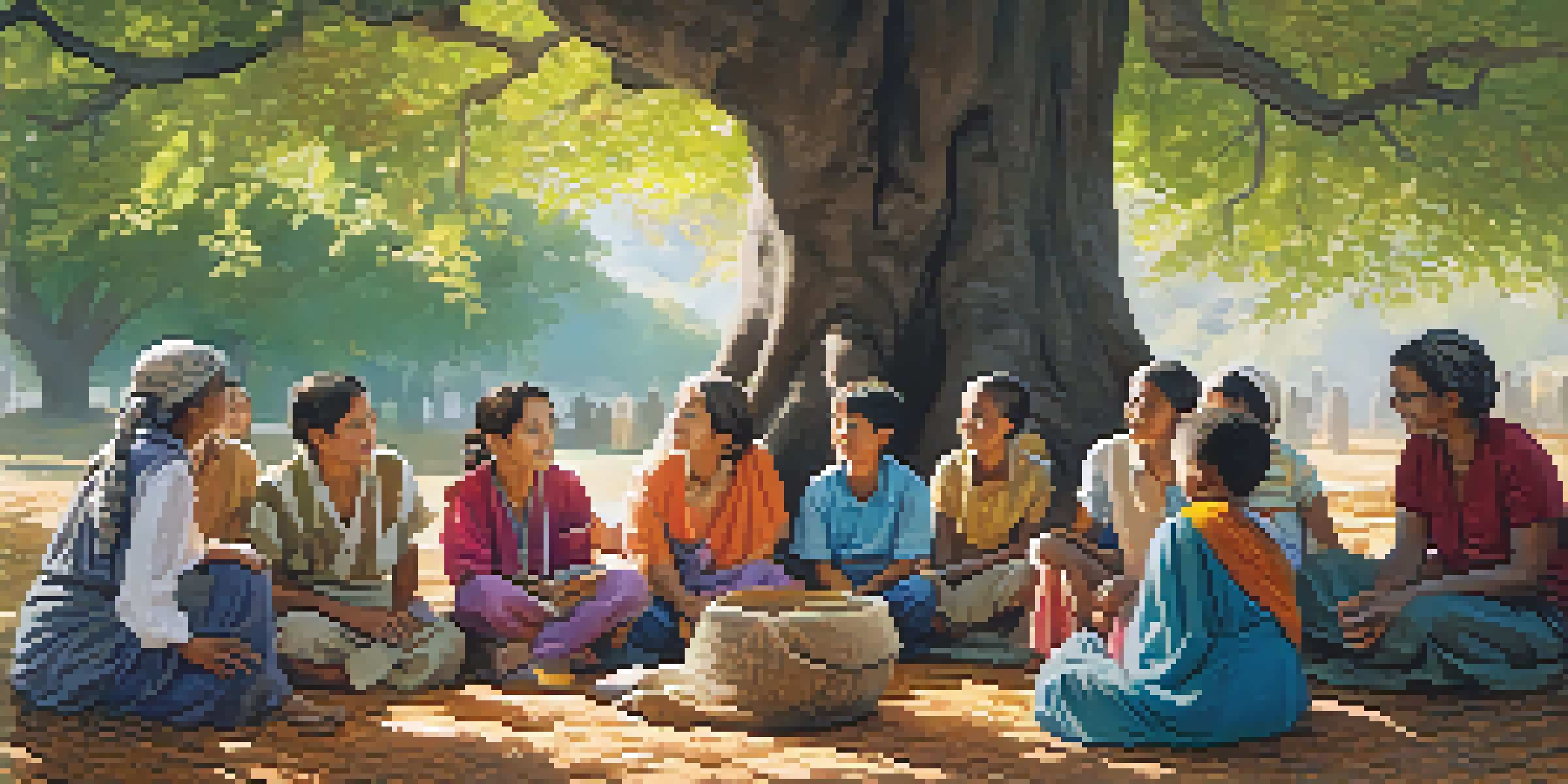 A group of diverse individuals gathered around a storyteller under a large tree, listening attentively.