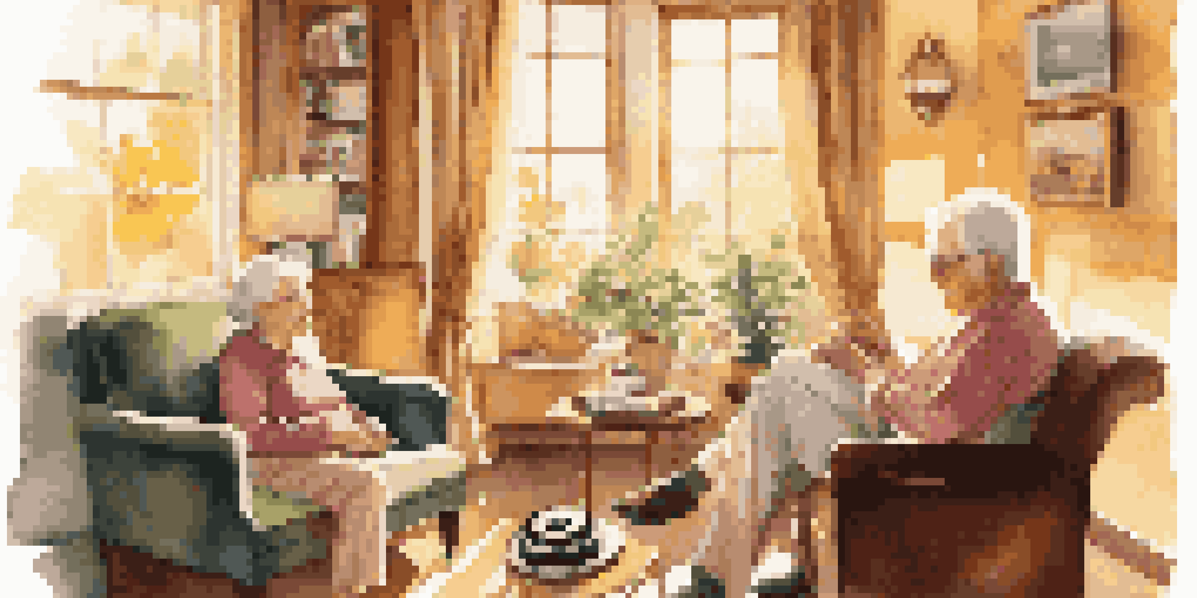 A senior couple enjoying music in a cozy living room filled with sunlight and nostalgic decor.