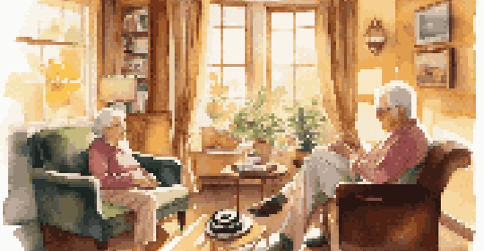 A senior couple enjoying music in a cozy living room filled with sunlight and nostalgic decor.