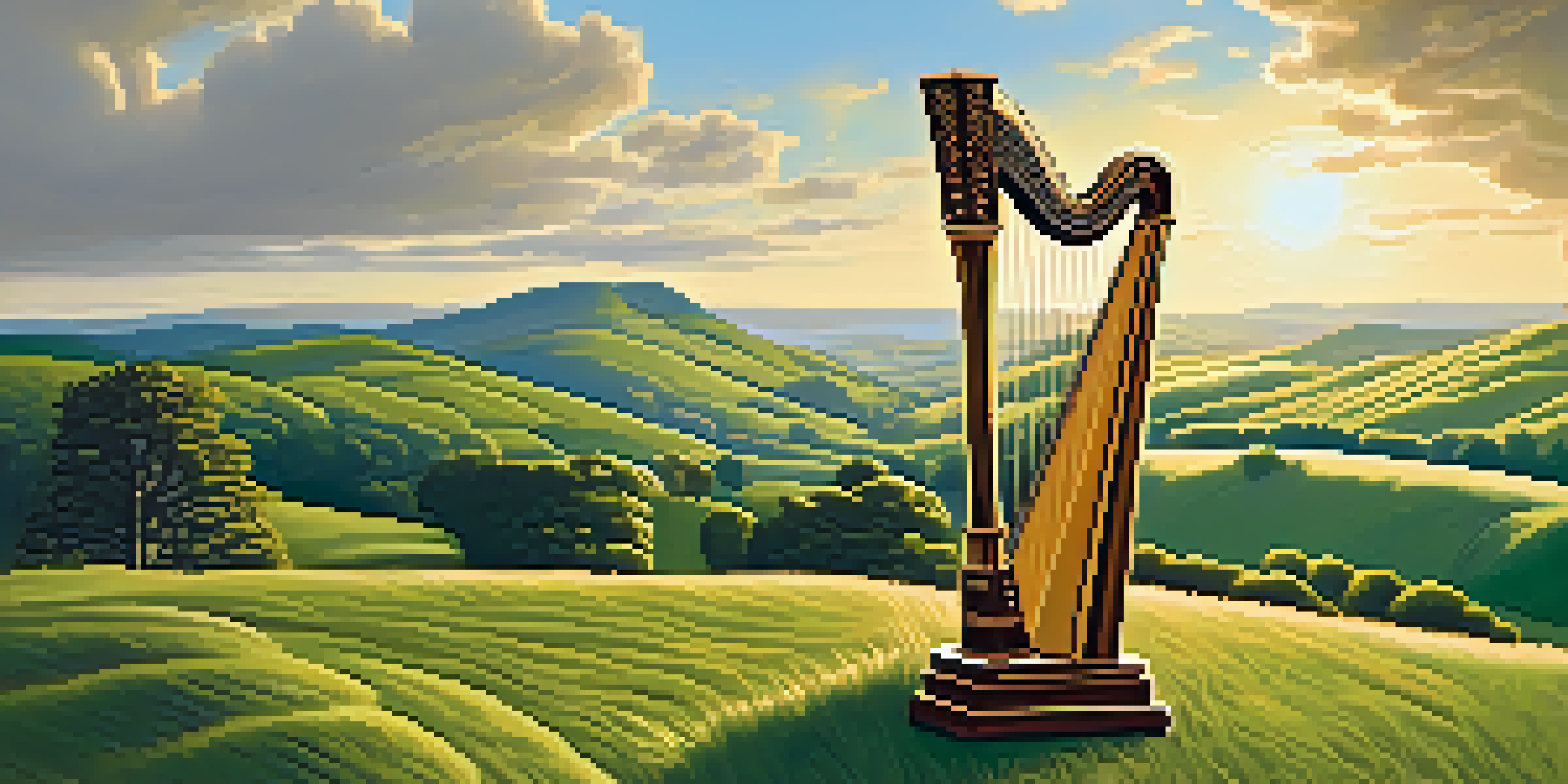 A picturesque view of green hills with a Celtic harp in the foreground under a blue sky with clouds.