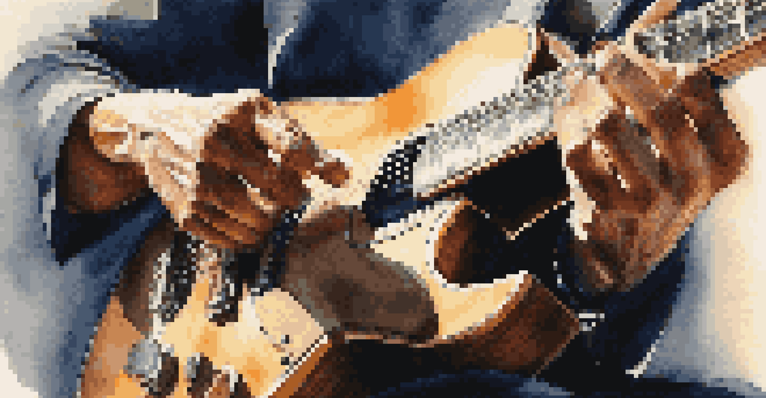 A close-up image of a musician's hands on a guitar, emphasizing the details of playing syncopated rhythms.