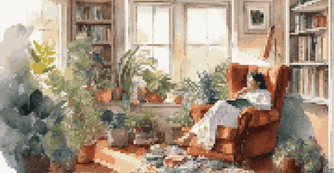 A person sitting in a cozy armchair surrounded by plants, enjoying music and sunlight coming through the window.