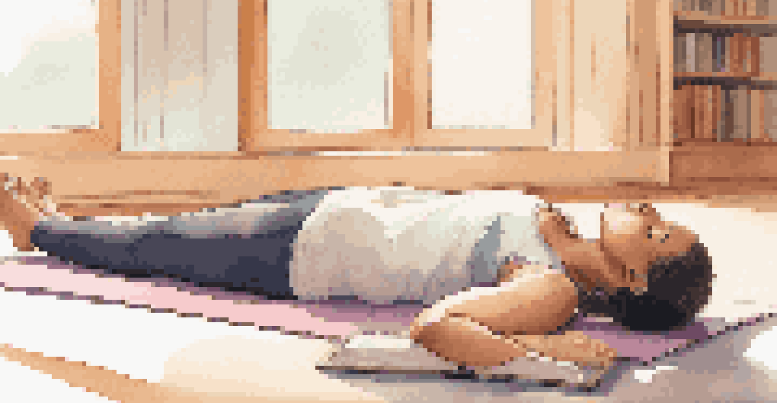 A student practicing breathing techniques with a book on their stomach in a tranquil room.