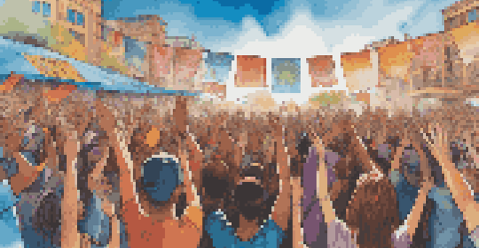 A lively music festival with a diverse crowd celebrating unity and social justice, featuring colorful banners and artists on stage.