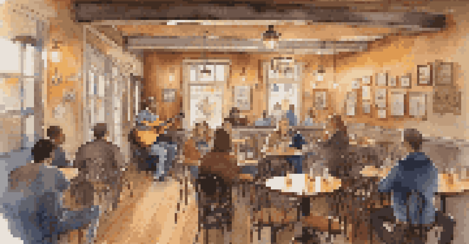 An intimate café scene with a young musician performing on stage during open mic night, surrounded by an engaged audience.